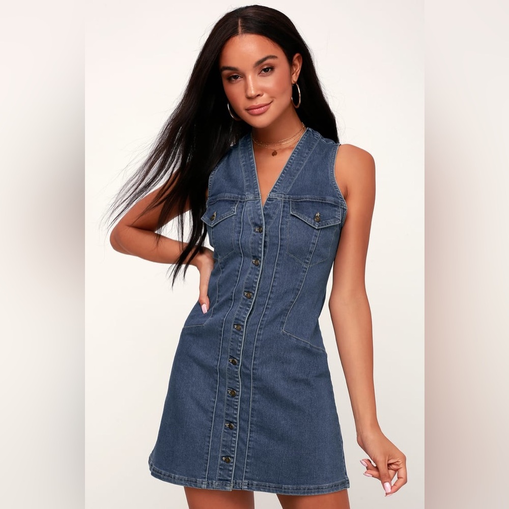 Free People Wandering Stars Blue Denim Button Front Mini Dress